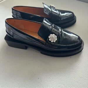 Ganni Jewel Loafers Black Patent Leather Crystal Embellished Chunky Lug